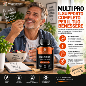Multi PRO VitalHarmony 90 capsule, integratore multivitaminico con vitamine e minerali per energia, vitalità e benessere quotidiano.
