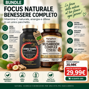 Bundle di integratori naturali con Camu Camu, fonte naturale di vitamina C, e Premium Mushroom Complex con funghi funzionali. Confezione promozionale dedicata a difese naturali, energia e benessere, al prezzo scontato di 29,99 €.