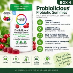 Rainbow Light Probiolicious Probiotic Gummies, 50 caramelle gommose con probiotici e prebiotico, gusto frutti di bosco, per l’equilibrio della flora intestinale e il benessere digestivo.