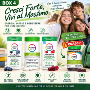 BOX 4 Cresci Forte, Vivi al Massimo con Teen Active Multivitamin Gummies, Calcio con Magnesio e Vitamina D3, Probiotici e Vitamina D3 Gummies in omaggio.