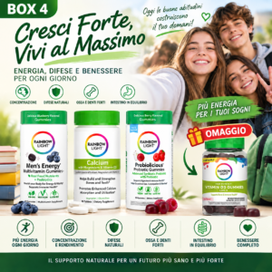 Box 4 Cresci Forte, Vivi al Massimo con Rainbow Light Men’s Energy Multivitamin Gummies, Calcium con Magnesio e Vitamina D3, Probiolicious Probiotic Gummies e Vitamina D3 Gummies in omaggio, per energia, difese, ossa e benessere quotidiano.