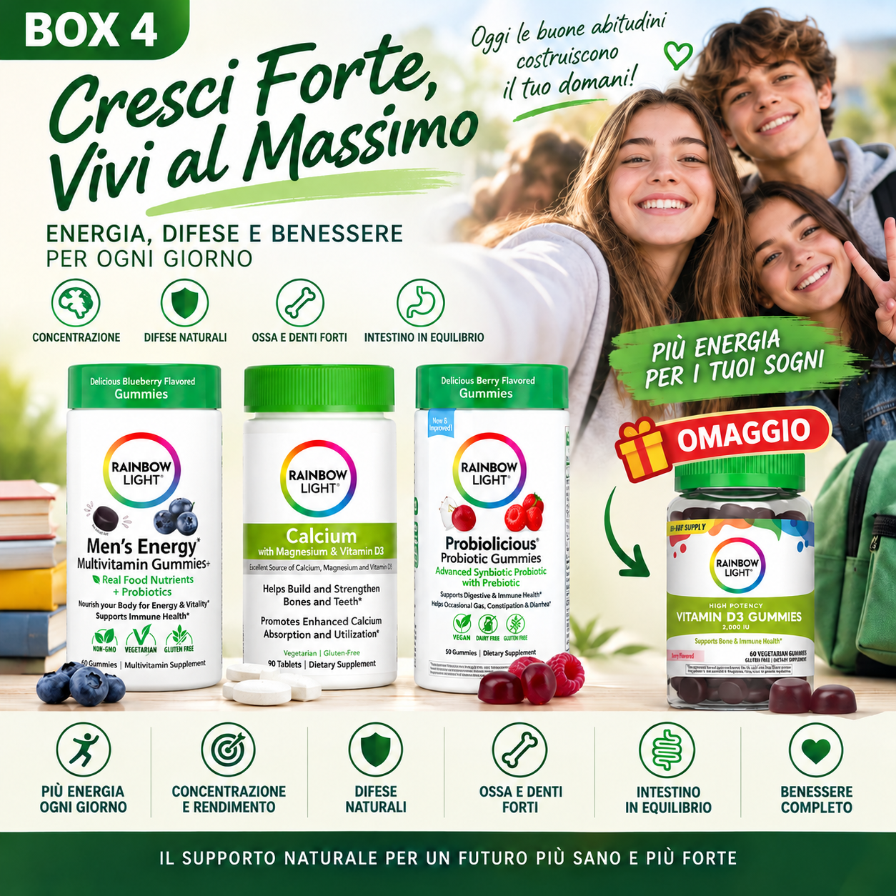 Box 4 Cresci Forte, Vivi al Massimo con Rainbow Light Men’s Energy Multivitamin Gummies, Calcium con Magnesio e Vitamina D3, Probiolicious Probiotic Gummies e Vitamina D3 Gummies in omaggio, per energia, difese, ossa e benessere quotidiano.