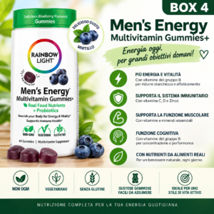 Rainbow Light Men’s Energy Multivitamin Gummies+ – multivitaminico in gummies con nutrienti da alimenti reali e probiotici, pensato per supportare energia, vitalità, sistema immunitario e benessere quotidiano.