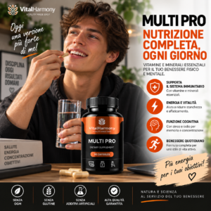Multi PRO VitalHarmony 90 capsule, integratore multivitaminico con vitamine e minerali per energia, vitalità, funzione cognitiva e benessere quotidiano.