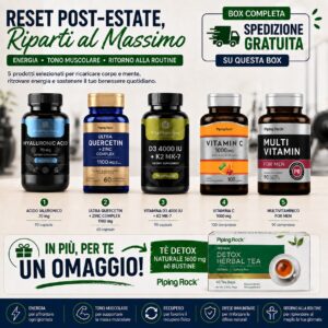 Box 2 Reset Post-Estate Introsalus con Acido Ialuronico, Quercetina e Zinco, Vitamina D3 + K2, Vitamina C, Multivitaminico For Men e Tè Detox in omaggio, con spedizione gratuita.