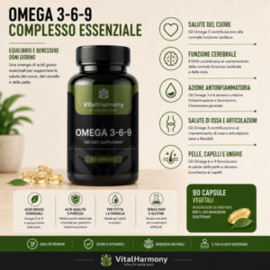 Integratore Omega 3-6-9 VitalHarmony da 90 capsule, complesso di acidi grassi per l’integrazione quotidiana.