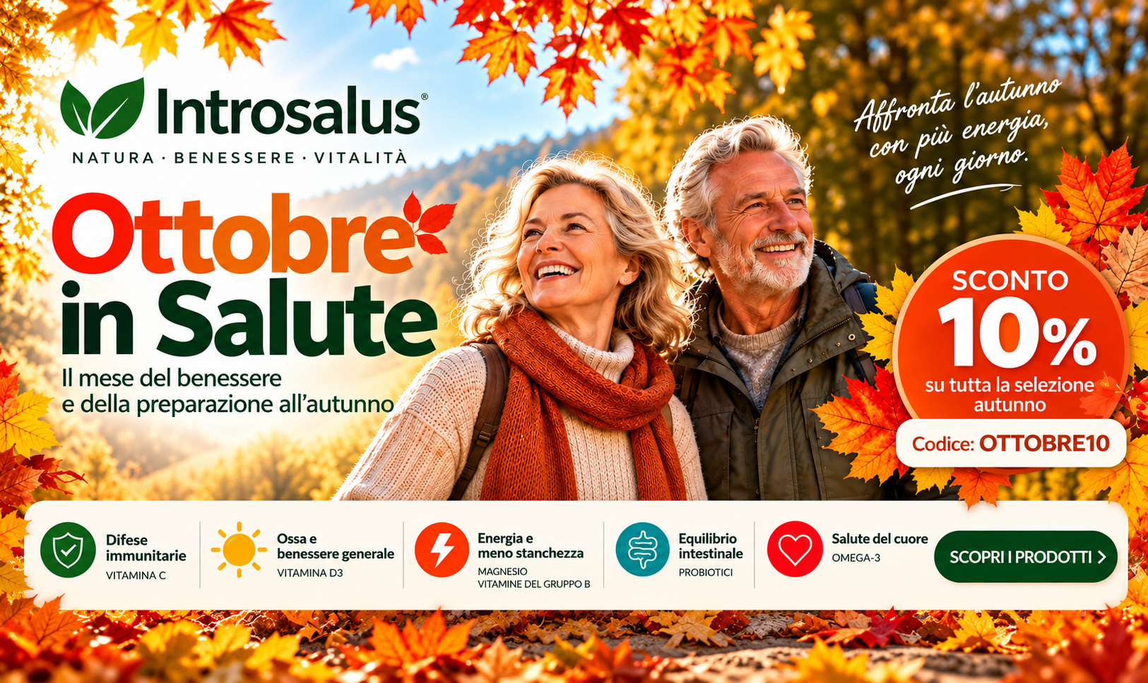 Banner promozionale Introsalus “Ottobre in Salute” con sconto del 10% sulla selezione autunno e codice OTTOBRE10. In evidenza integratori per difese immunitarie, energia, benessere delle ossa, equilibrio intestinale e salute del cuore.